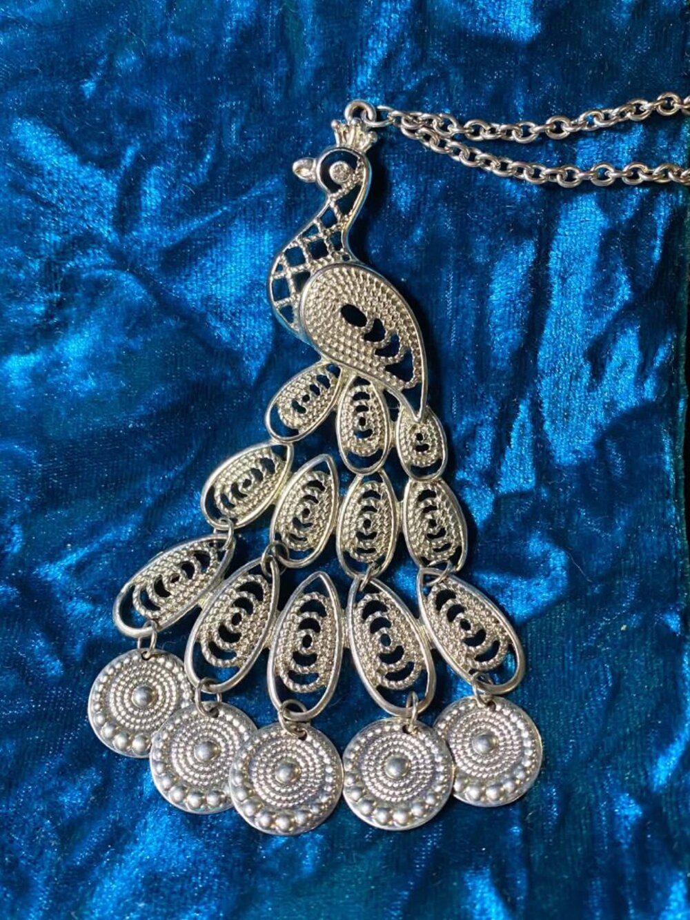 Vintage inspired Peacock Silver tone Crystal Pendant Necklace
